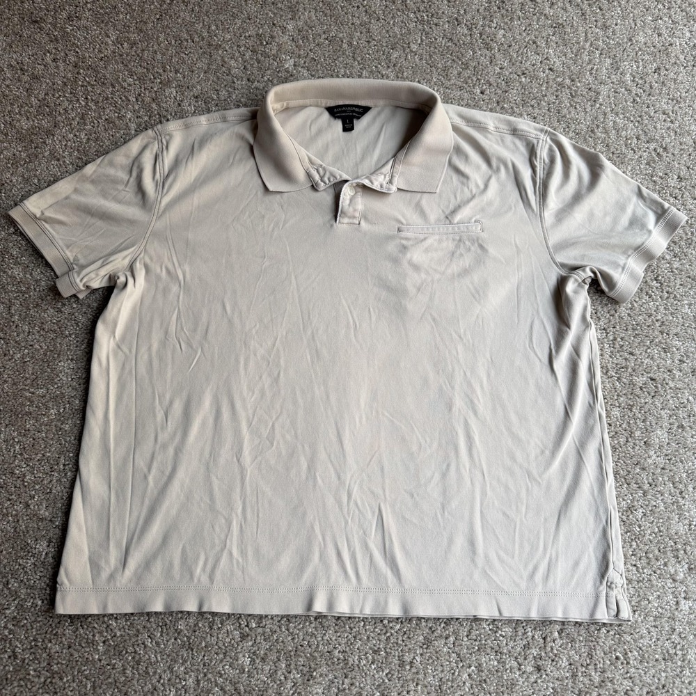 Banana Republic Luxe Touch Polo Shirt Mens L Beige Cotton Jersey Short Sleeve